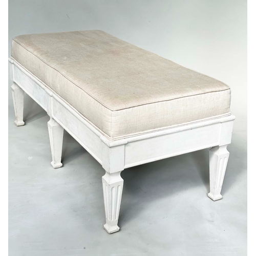 128 - HEARTH STOOL, French Directoire style grey painted rectangular with natural linen piped upholstery, ... 