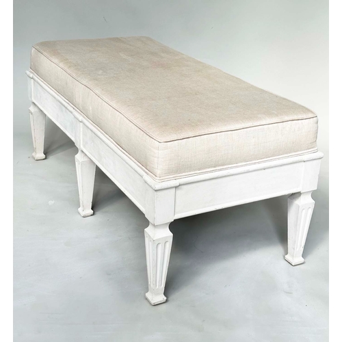 128 - HEARTH STOOL, French Directoire style grey painted rectangular with natural linen piped upholstery, ... 