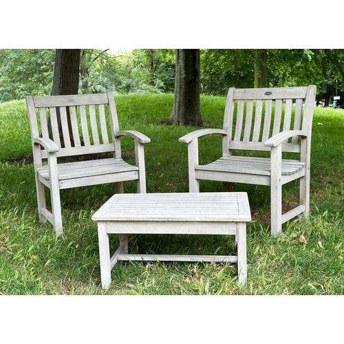 135 - GARDEN ARMCHAIRS, a pair, well weathered teak slatted with curved arms, 75cm H x 78cm W, together wi... 