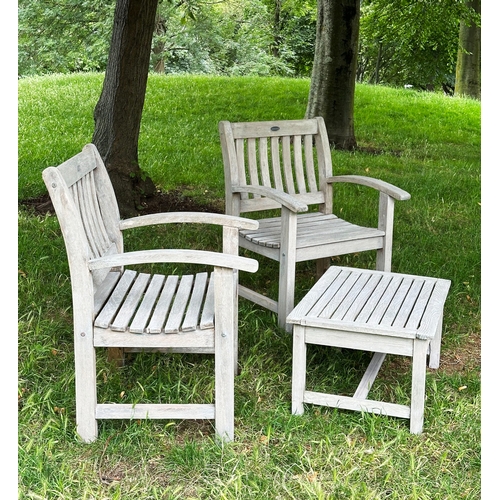 135 - GARDEN ARMCHAIRS, a pair, well weathered teak slatted with curved arms, 75cm H x 78cm W, together wi... 