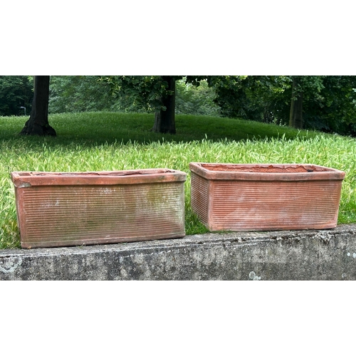 136 - GARDEN TERRACOTTA PLANTERS, a pair, rectangular well weathered terracotta with ribbed side panels, 8... 