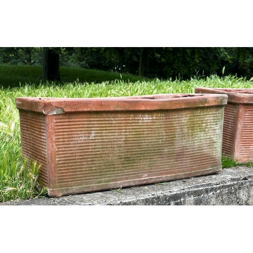 136 - GARDEN TERRACOTTA PLANTERS, a pair, rectangular well weathered terracotta with ribbed side panels, 8... 