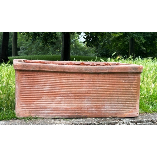 136 - GARDEN TERRACOTTA PLANTERS, a pair, rectangular well weathered terracotta with ribbed side panels, 8... 