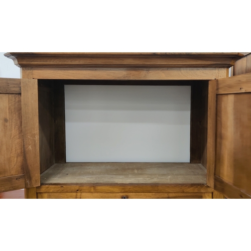 146 - CABINET, 19th century French fruitwood with two pairs of panelled doors and drop front compartment, ... 