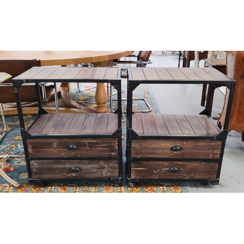 148 - SIDE TABLES, a pair, industrial style, wood and metal, each with two drawers, 64cm W x 41cm D x 78cm... 