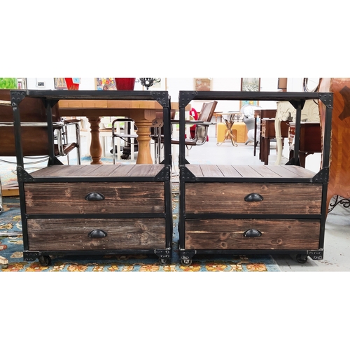 148 - SIDE TABLES, a pair, industrial style, wood and metal, each with two drawers, 64cm W x 41cm D x 78cm... 