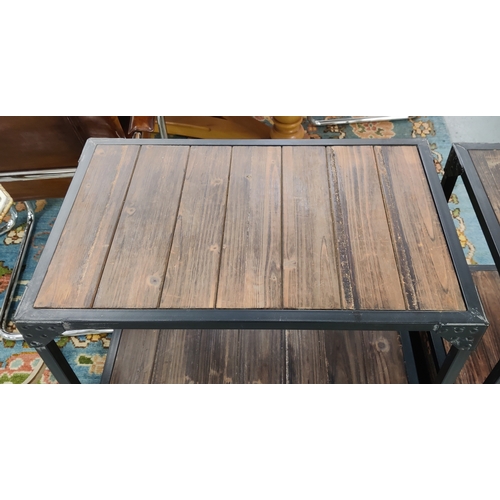 148 - SIDE TABLES, a pair, industrial style, wood and metal, each with two drawers, 64cm W x 41cm D x 78cm... 