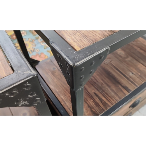 148 - SIDE TABLES, a pair, industrial style, wood and metal, each with two drawers, 64cm W x 41cm D x 78cm... 