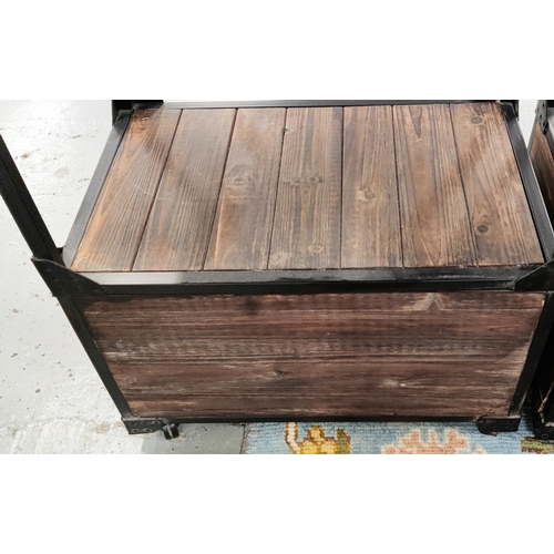 148 - SIDE TABLES, a pair, industrial style, wood and metal, each with two drawers, 64cm W x 41cm D x 78cm... 