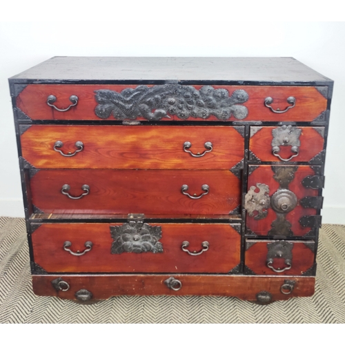 149 - JAPANESE CHEST, 19th century elm, firwood and iron mounted, with nine drawers and a door on large wo... 