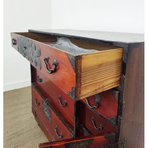 149 - JAPANESE CHEST, 19th century elm, firwood and iron mounted, with nine drawers and a door on large wo... 