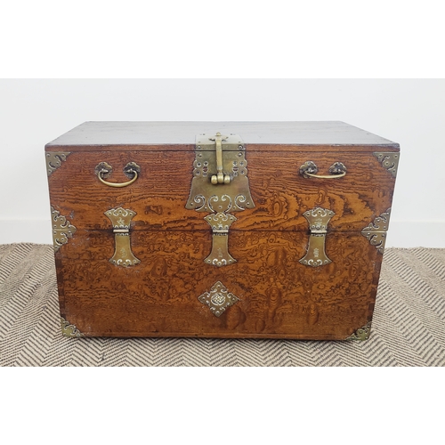 150 - KOREAN CHEST, late 19th/early 20th century elm with decorative brass detail and fall front, 81cm W 5... 