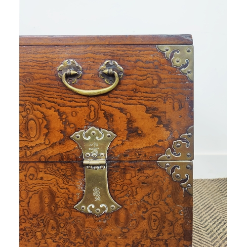 150 - KOREAN CHEST, late 19th/early 20th century elm with decorative brass detail and fall front, 81cm W 5... 