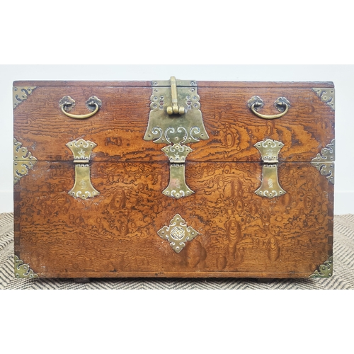 150 - KOREAN CHEST, late 19th/early 20th century elm with decorative brass detail and fall front, 81cm W 5... 