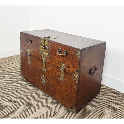 150 - KOREAN CHEST, late 19th/early 20th century elm with decorative brass detail and fall front, 81cm W 5... 