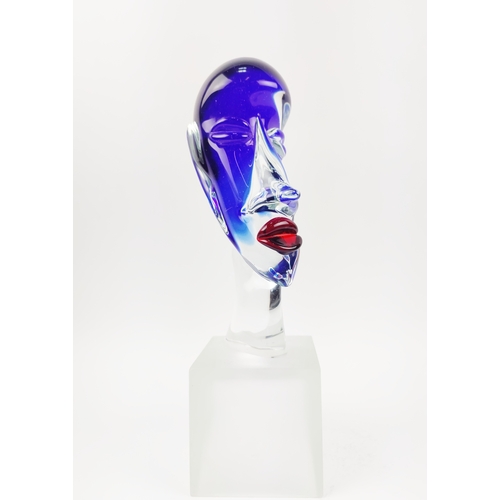 16 - MURANO BUST, elongated blue glass face with red lips on square frosted base, 48cm H.