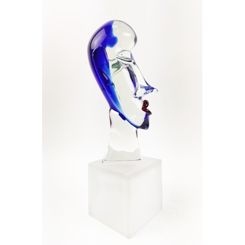 16 - MURANO BUST, elongated blue glass face with red lips on square frosted base, 48cm H.