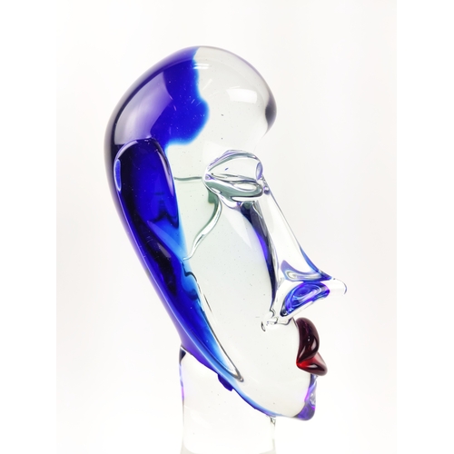 16 - MURANO BUST, elongated blue glass face with red lips on square frosted base, 48cm H.