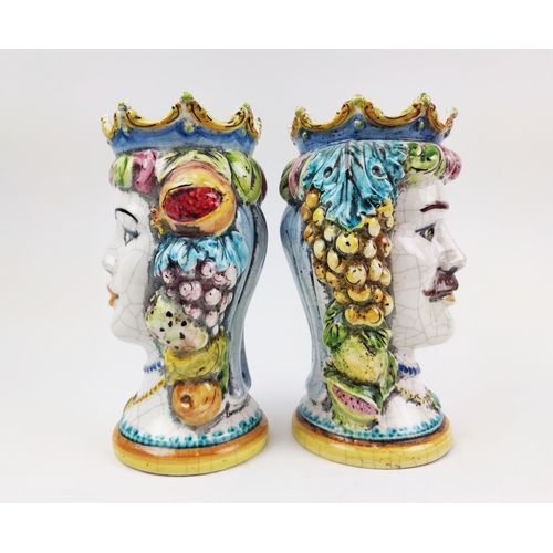 18 - SICILIAN CERAMIC HEAD VASES, a pair, a lady and a gentleman, with hanging fruit embellishments, 26cm... 