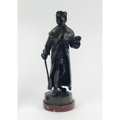 22 - BRONZE FIGURES, two, 19th century continental, one of a caped gentleman and a lady with a basket of ... 