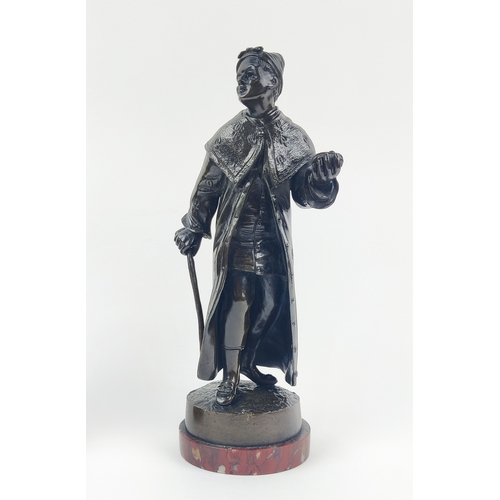 22 - BRONZE FIGURES, two, 19th century continental, one of a caped gentleman and a lady with a basket of ... 