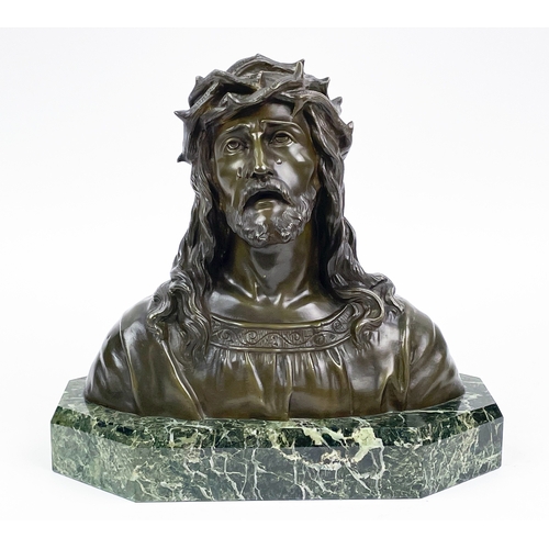 23 - BRONZE BUST OF JESUS, signed Ruffony (1846-1925), on green faceted marble base, 25cm H x 28cm L x 14... 