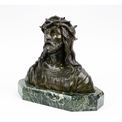 23 - BRONZE BUST OF JESUS, signed Ruffony (1846-1925), on green faceted marble base, 25cm H x 28cm L x 14... 