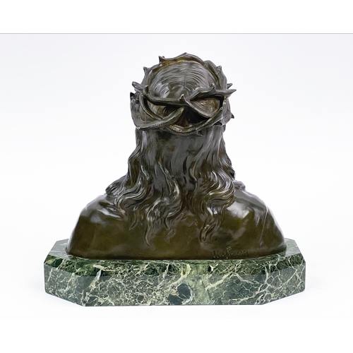 23 - BRONZE BUST OF JESUS, signed Ruffony (1846-1925), on green faceted marble base, 25cm H x 28cm L x 14... 