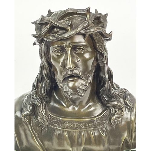 23 - BRONZE BUST OF JESUS, signed Ruffony (1846-1925), on green faceted marble base, 25cm H x 28cm L x 14... 