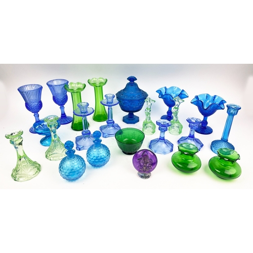 26 - A COLLECTION OF VARIOUS PRESSED GREEN AND BLUE 20TH CENTURY GLASS, (qty)