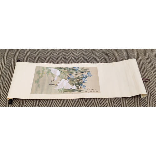 27 - JAPANESE SCROLL, 19th century hand painted depicting cranes along with a Chinese export style Portug... 