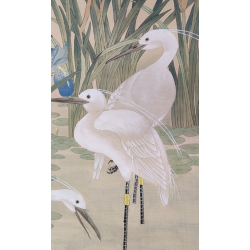 27 - JAPANESE SCROLL, 19th century hand painted depicting cranes along with a Chinese export style Portug... 