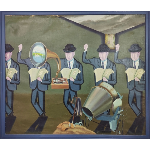 34 - 20TH CENTURY SCHOOL, 'Surrealist figures', oil on canvas, 88cm x 100cm, framed.