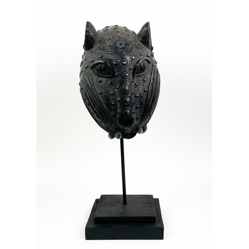 4 - A BENIN BRONZE LEOPARD HEAD, 55cm H.