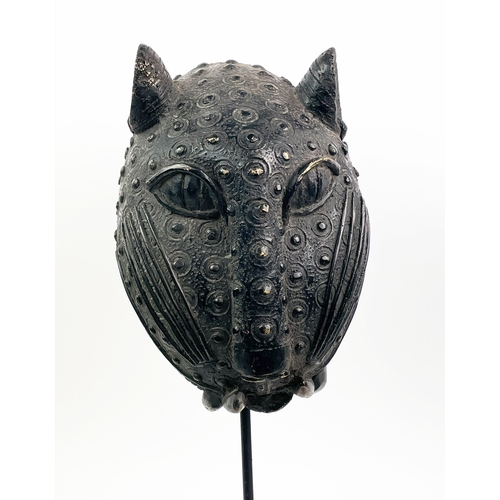 4 - A BENIN BRONZE LEOPARD HEAD, 55cm H.