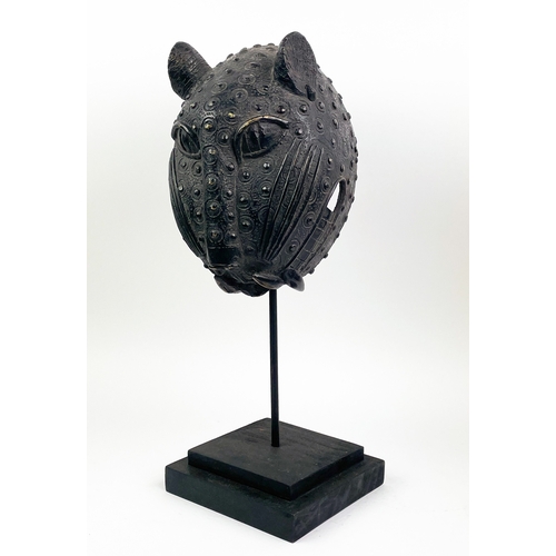 4 - A BENIN BRONZE LEOPARD HEAD, 55cm H.