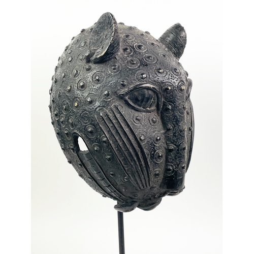 4 - A BENIN BRONZE LEOPARD HEAD, 55cm H.