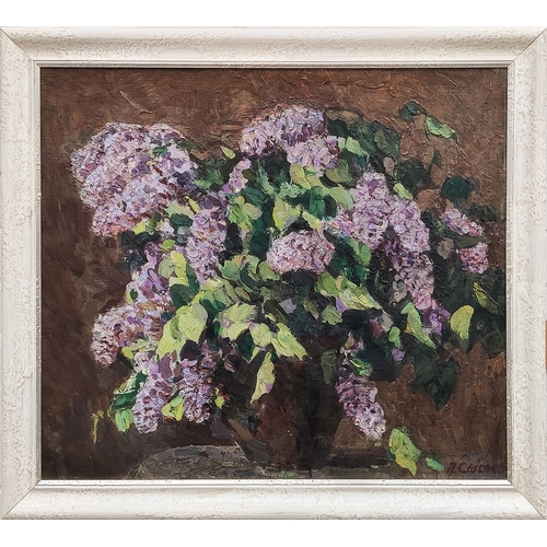 40 - PAVEL SYSOEV (1929-2002), 'Still life with Lilac', Oil on board, 60cm x 69cm, framed.