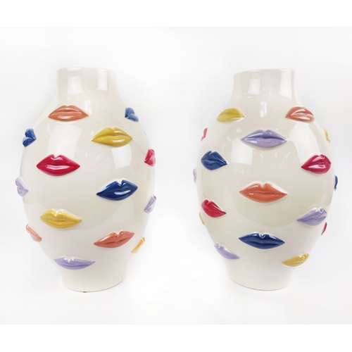 421 - CERAMIC VASES, a pair, decorated with multi-coloured lips, 41cm H x 23cm W. (2)