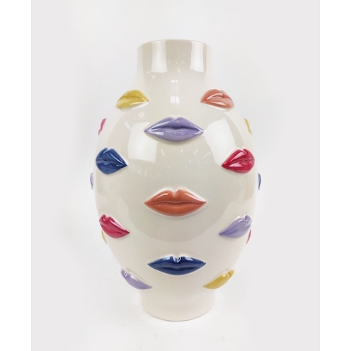 421 - CERAMIC VASES, a pair, decorated with multi-coloured lips, 41cm H x 23cm W. (2)