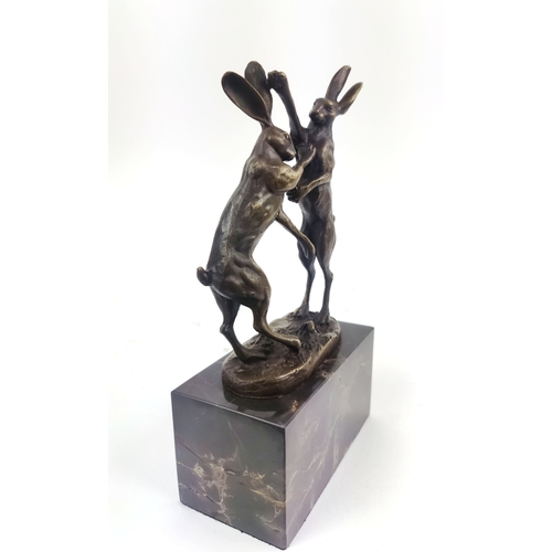 432 - CONTEMPORARY SCHOOL BOXING HARES, cast metal, on marble base, 26cm H.