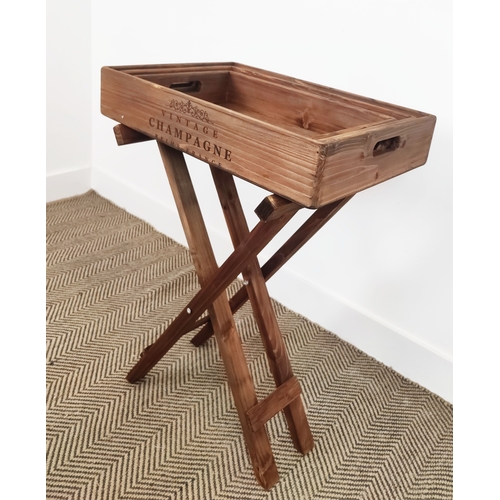 433 - WOODEN TRAYS ON STAND, a graduated set of three on one stand, 79cm H x 56cm W x 38cm D. (3)