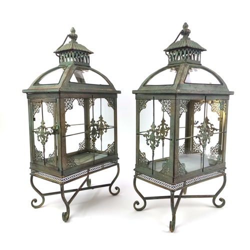 437 - LANTERNS, a pair, faux verdigris finish metal and glass, 55cm H x 26cm W x 17cm D. (2)