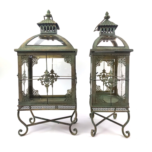 437 - LANTERNS, a pair, faux verdigris finish metal and glass, 55cm H x 26cm W x 17cm D. (2)