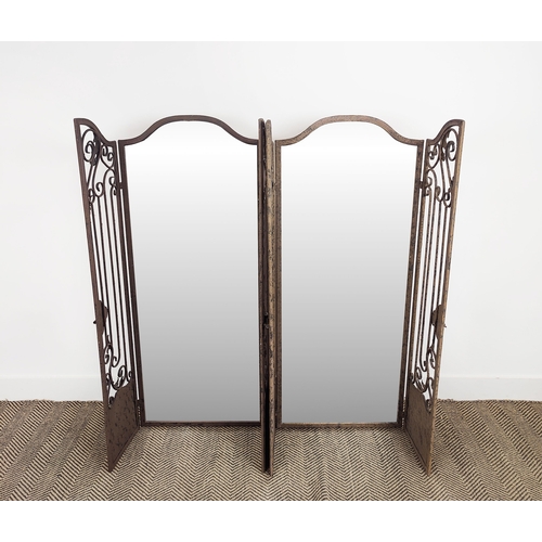 448 - GARDEN MIRRORS, a pair, metal frames, gated design, 128cm H x 52cm W. (2)