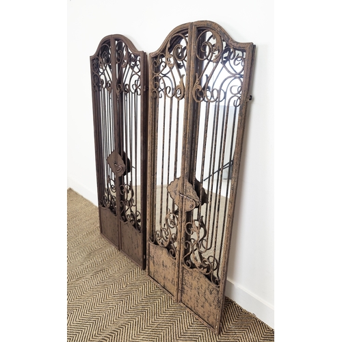 448 - GARDEN MIRRORS, a pair, metal frames, gated design, 128cm H x 52cm W. (2)