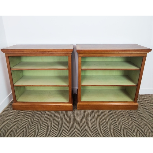 452 - OPEN BOOKCASES, a pair, Victorian style burr walnut with crossbanded tops and three shelves, 95cm H ... 