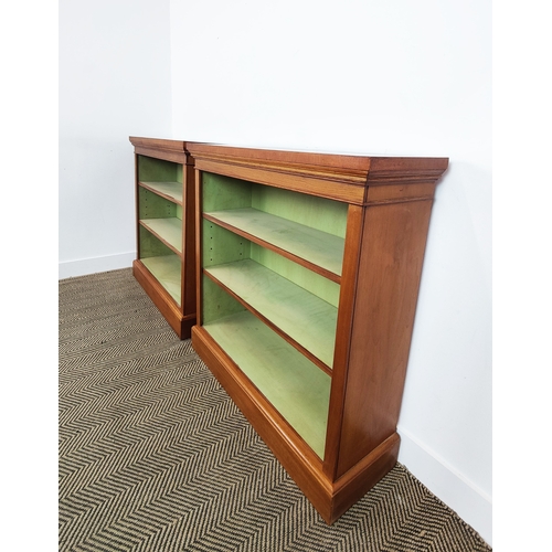 452 - OPEN BOOKCASES, a pair, Victorian style burr walnut with crossbanded tops and three shelves, 95cm H ... 