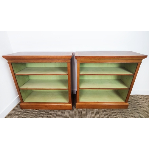 452 - OPEN BOOKCASES, a pair, Victorian style burr walnut with crossbanded tops and three shelves, 95cm H ... 