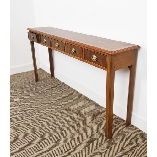 453 - HALL TABLE, Victorian style, burr walnut with five frieze drawers on chamfered supports, 77cm H x 15... 